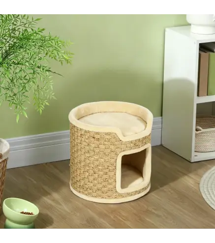 Barril Rascador para Gatos Altura 37 cm Torre para Gatos con Cueva y Cama Superior Cubierto de Sisal Caqui