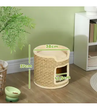 Barril Rascador para Gatos Altura 37 cm Torre para Gatos con Cueva y Cama Superior Cubierto de Sisal Caqui