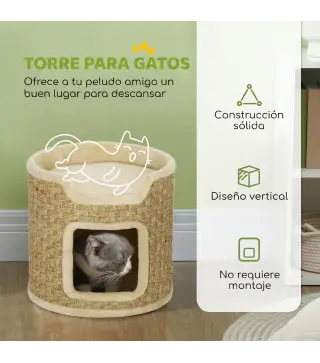Barril Rascador para Gatos Altura 37 cm Torre para Gatos con Cueva y Cama Superior Cubierto de Sisal Caqui