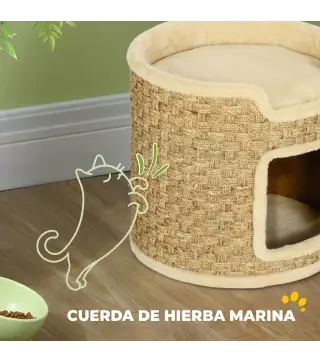 Barril Rascador para Gatos Altura 37 cm Torre para Gatos con Cueva y Cama Superior Cubierto de Sisal Caqui