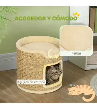 Barril Rascador para Gatos Altura 37 cm Torre para Gatos con Cueva y Cama Superior Cubierto de Sisal Caqui
