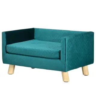 Sofá para Perros Pequeños 64x45x36 cm Tapizado en Terciopelo con Cojín Lavable y Patas de Madera de Abedul Azul Verdoso