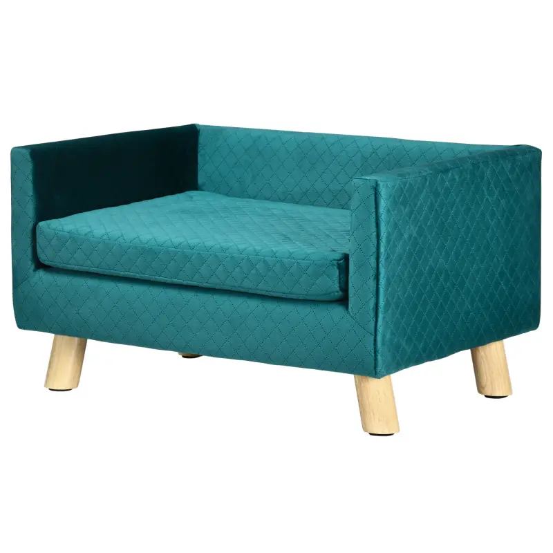 Sofá para Perros Pequeños 64x45x36 cm Tapizado en Terciopelo con Cojín Lavable y Patas de Madera de Abedul Azul Verdoso Sofá para Perros Pequeños 64x45x36 cm Tapizado en Terciopelo con Cojín Lavable y Patas de Madera de Abedul Azul Verdoso