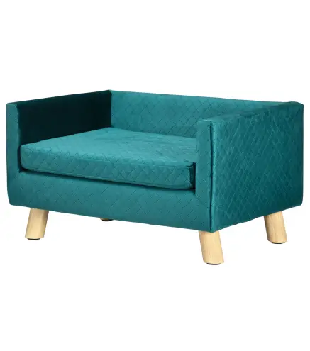 Sofá para Perros Pequeños 64x45x36 cm Tapizado en Terciopelo con Cojín Lavable y Patas de Madera de Abedul Azul Verdoso