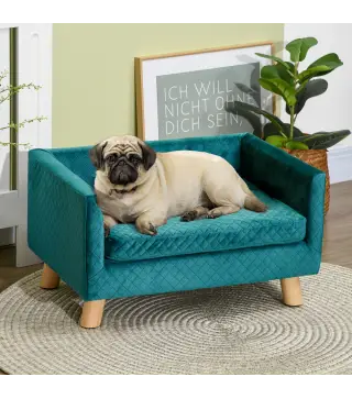 Sofá para Perros Pequeños 64x45x36 cm Tapizado en Terciopelo con Cojín Lavable y Patas de Madera de Abedul Azul Verdoso