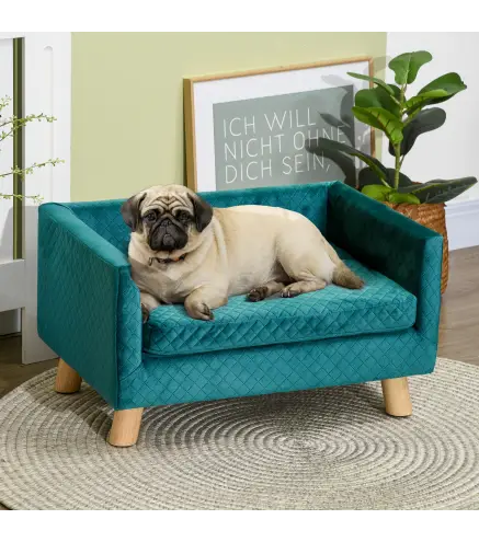 Sofá para Perros Pequeños 64x45x36 cm Tapizado en Terciopelo con Cojín Lavable y Patas de Madera de Abedul Azul Verdoso