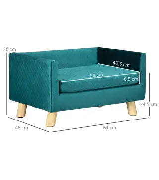 Sofá para Perros Pequeños 64x45x36 cm Tapizado en Terciopelo con Cojín Lavable y Patas de Madera de Abedul Azul Verdoso