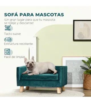 Sofá para Perros Pequeños 64x45x36 cm Tapizado en Terciopelo con Cojín Lavable y Patas de Madera de Abedul Azul Verdoso