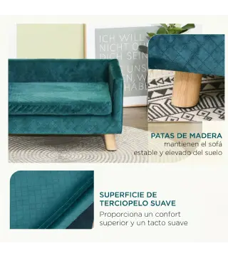 Sofá para Perros Pequeños 64x45x36 cm Tapizado en Terciopelo con Cojín Lavable y Patas de Madera de Abedul Azul Verdoso
