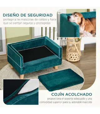 Sofá para Perros Pequeños 64x45x36 cm Tapizado en Terciopelo con Cojín Lavable y Patas de Madera de Abedul Azul Verdoso