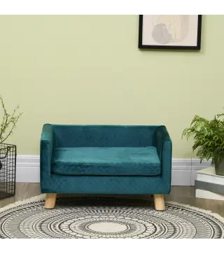 Sofá para Perros Pequeños 64x45x36 cm Tapizado en Terciopelo con Cojín Lavable y Patas de Madera de Abedul Azul Verdoso