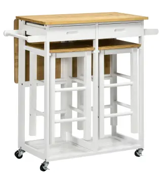 Juego de Mesa Alta de Bar y 2 Taburetes con Ruedas Mesa Plegable de Cocina con Taburetes 86x75,5x83,5 cm Natural