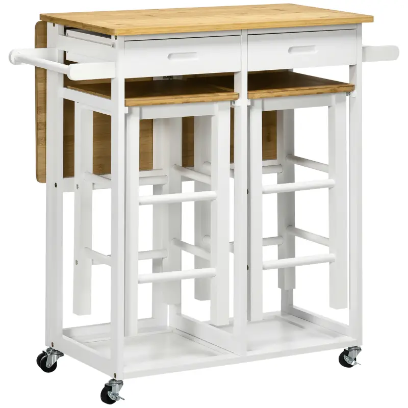 Juego de Mesa Alta de Bar y 2 Taburetes con Ruedas Mesa Plegable de Cocina con Taburetes 86x75,5x83,5 cm Natural Juego de Mesa Alta de Bar y 2 Taburetes con Ruedas Mesa Plegable de Cocina con Taburetes 86x75,5x83,5 cm Natural