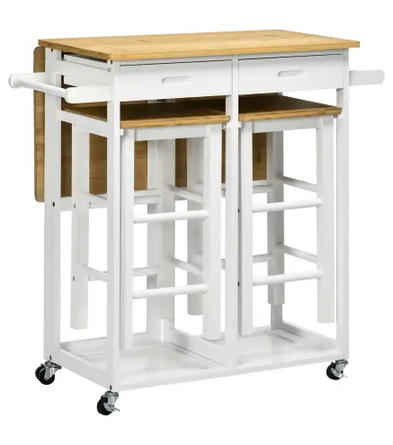 Juego de Mesa Alta de Bar y 2 Taburetes con Ruedas Mesa Plegable de Cocina con Taburetes 86x75,5x83,5 cm Natural