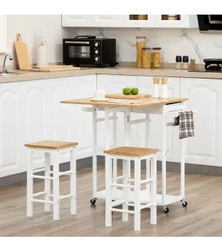 Juego de Mesa Alta de Bar y 2 Taburetes con Ruedas Mesa Plegable de Cocina con Taburetes 86x75,5x83,5 cm Natural