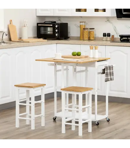 Juego de Mesa Alta de Bar y 2 Taburetes con Ruedas Mesa Plegable de Cocina con Taburetes 86x75,5x83,5 cm Natural