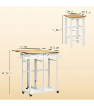 Juego de Mesa Alta de Bar y 2 Taburetes con Ruedas Mesa Plegable de Cocina con Taburetes 86x75,5x83,5 cm Natural