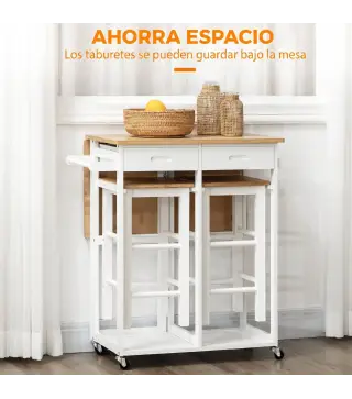 Juego de Mesa Alta de Bar y 2 Taburetes con Ruedas Mesa Plegable de Cocina con Taburetes 86x75,5x83,5 cm Natural
