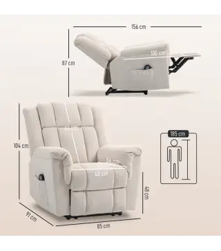 Sillón relax eléctrico de masaje y calor, sillón reclinable, respaldo ajustable manualmente, 85x91x104cm, beige