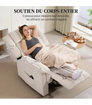 Sillón relax eléctrico de masaje y calor, sillón reclinable, respaldo ajustable manualmente, 85x91x104cm, beige