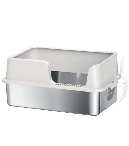 Arenero para Gatos de Acero Inoxidable XL Caja de Arena para Gatos Grandes Arenero con Borde Alto Pala Gris Claro