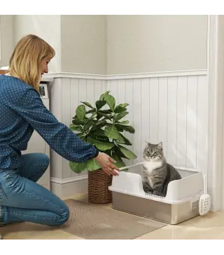 Arenero para Gatos de Acero Inoxidable XL Caja de Arena para Gatos Grandes Arenero con Borde Alto Pala Gris Claro