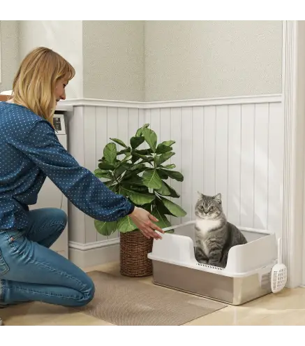 Arenero para Gatos de Acero Inoxidable XL Caja de Arena para Gatos Grandes Arenero con Borde Alto Pala Gris Claro