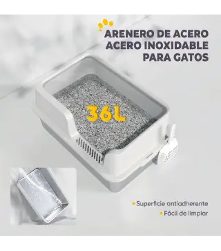 Arenero para Gatos de Acero Inoxidable XL Caja de Arena para Gatos Grandes Arenero con Borde Alto Pala Gris Claro