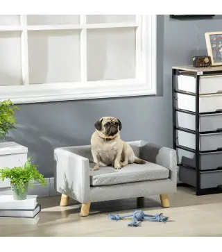 Sofá para Perros Pequeños 64x45x36 cm Tapizado en Terciopelo con Cojín Lavable y Patas de Madera de Abedul Gris Oscuro