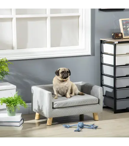 Sofá para Perros Pequeños 64x45x36 cm Tapizado en Terciopelo con Cojín Lavable y Patas de Madera de Abedul Gris Oscuro