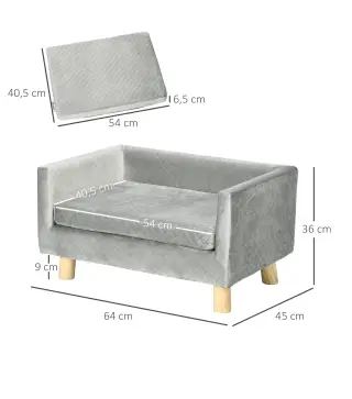 Sofá para Perros Pequeños 64x45x36 cm Tapizado en Terciopelo con Cojín Lavable y Patas de Madera de Abedul Gris Oscuro