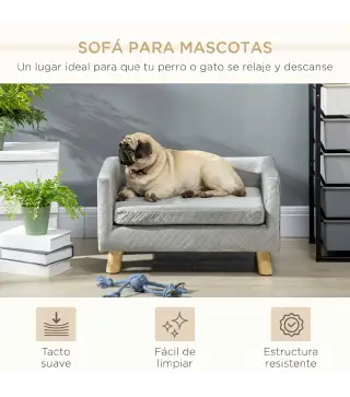 Sofá para Perros Pequeños 64x45x36 cm Tapizado en Terciopelo con Cojín Lavable y Patas de Madera de Abedul Gris Oscuro
