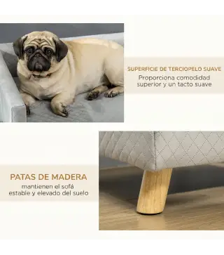 Sofá para Perros Pequeños 64x45x36 cm Tapizado en Terciopelo con Cojín Lavable y Patas de Madera de Abedul Gris Oscuro
