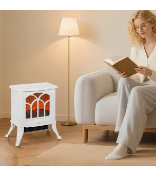 Chimenea Eléctrica de Pie 750/1500 W con 2 Niveles de Potencia Efecto Llama Área de Cobertura 15-20 m² Blanco