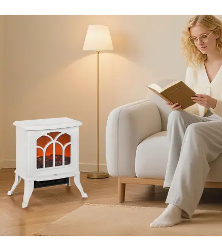 Chimenea Eléctrica de Pie 750/1500 W con 2 Niveles de Potencia Efecto Llama Área de Cobertura 15-20 m² Blanco