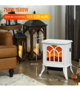 Chimenea Eléctrica de Pie 750/1500 W con 2 Niveles de Potencia Efecto Llama Área de Cobertura 15-20 m² Blanco