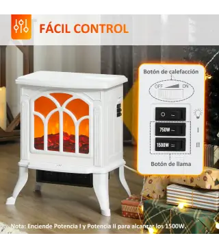 Chimenea Eléctrica de Pie 750/1500 W con 2 Niveles de Potencia Efecto Llama Área de Cobertura 15-20 m² Blanco