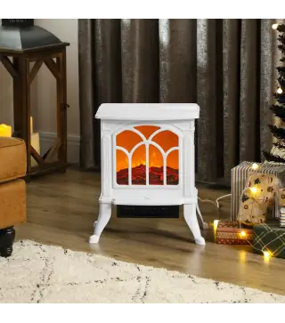 Chimenea Eléctrica de Pie 750/1500 W con 2 Niveles de Potencia Efecto Llama Área de Cobertura 15-20 m² Blanco