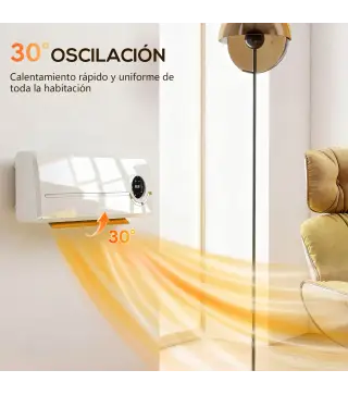 Calefactor Eléctrico Bajo Consumo de Pared 2000W con 3 Modos Pantalla LED Termostato Temporizador y Oscilación Blanco