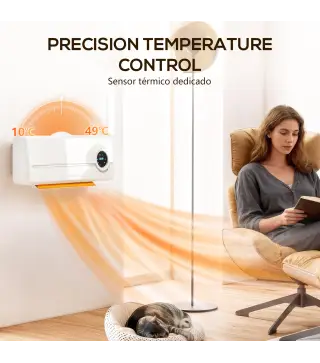 Calefactor Eléctrico Bajo Consumo de Pared 2000W con 3 Modos Pantalla LED Termostato Temporizador y Oscilación Blanco