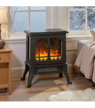 Chimenea Eléctrica de Pie 900/1800W Efecto Llama 3D Termostato Ajustable Ventanas Visibles para 15-30 ㎡ Negro