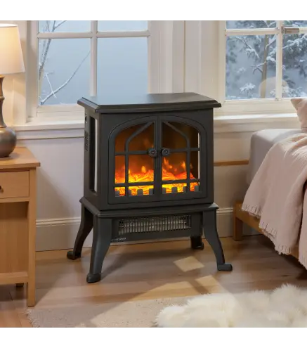 Chimenea Eléctrica de Pie 900/1800W Efecto Llama 3D Termostato Ajustable Ventanas Visibles para 15-30 ㎡ Negro
