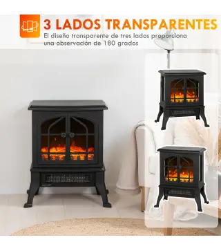 Chimenea Eléctrica de Pie 900/1800W Efecto Llama 3D Termostato Ajustable Ventanas Visibles para 15-30 ㎡ Negro