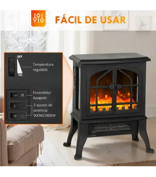Chimenea Eléctrica de Pie 900/1800W Efecto Llama 3D Termostato Ajustable Ventanas Visibles para 15-30 ㎡ Negro