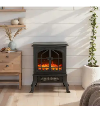 Chimenea Eléctrica de Pie 900/1800W Efecto Llama 3D Termostato Ajustable Ventanas Visibles para 15-30 ㎡ Negro