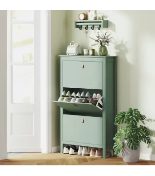 Mueble zapatero 14 pares, armario zapatero con 3 cajones abatibles, estantes extraíbles y regulables, verde