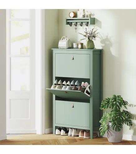 Mueble zapatero 14 pares, armario zapatero con 3 cajones abatibles, estantes extraíbles y regulables, verde