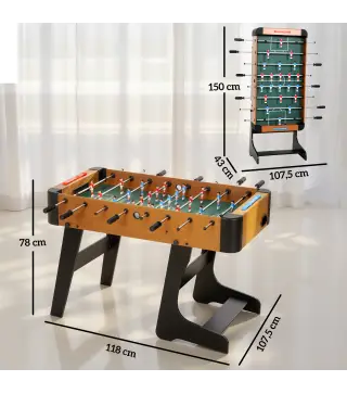 Futbolín plegable de madera, mesa de futbolín plegable sobre patas con 2 pelotas, 22 jugadores, 118 x 107,5 x 78 cm, marrón