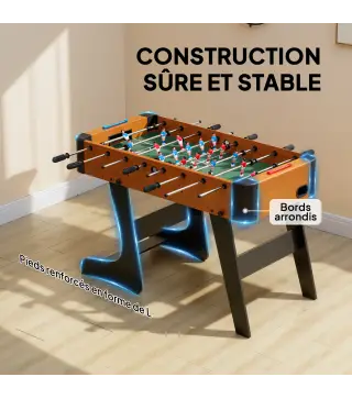 Futbolín plegable de madera, mesa de futbolín plegable sobre patas con 2 pelotas, 22 jugadores, 118 x 107,5 x 78 cm, marrón