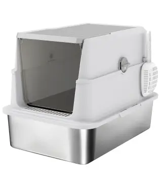 Arenero para Gatos de Acero Inoxidable XL Cerrado con Tapa Abatible Borde Alto Pala Antifugas Gris Claro
